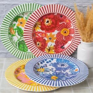 Floral Striped Melamine Multicolor Dinner Plate Set of 4 NWT